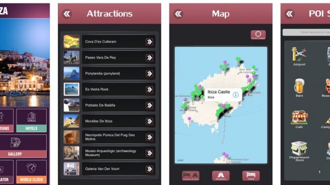 Der Ibiza Offline Travel Guide enthält eine Ibiza-Karte, eine Navigation und einige Hinweise auf Sehenswürdigkeiten, Restaurants und Hotels.